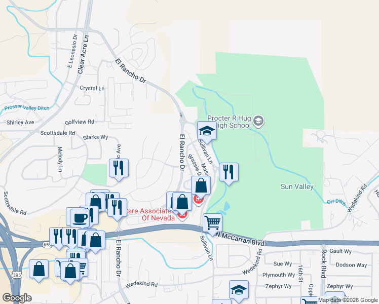 map of restaurants, bars, coffee shops, grocery stores, and more near 3540 Niblick Drive in Sparks
