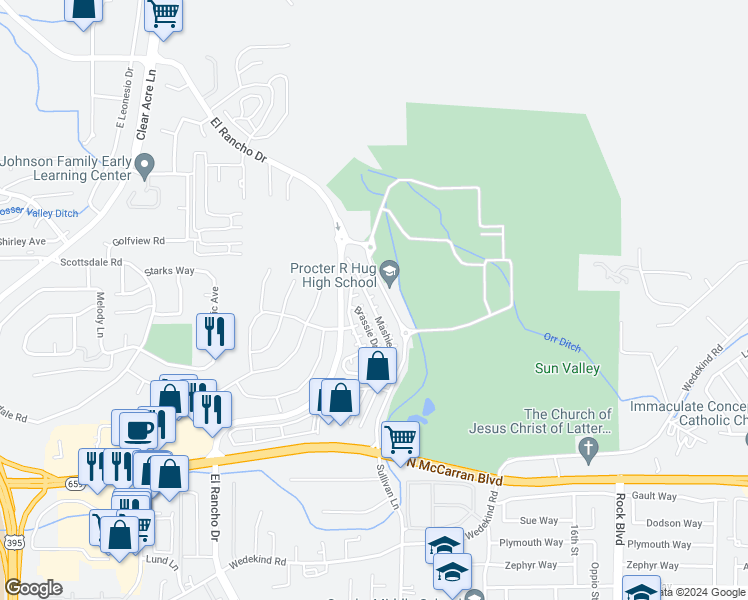map of restaurants, bars, coffee shops, grocery stores, and more near 3540 Mashie Drive in Sparks