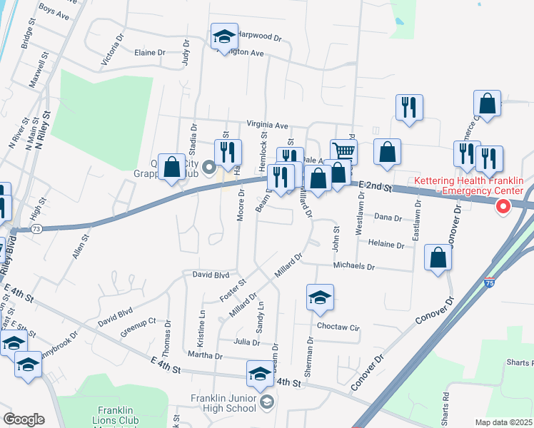 map of restaurants, bars, coffee shops, grocery stores, and more near 80 Beam Drive in Franklin