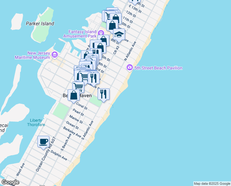 map of restaurants, bars, coffee shops, grocery stores, and more near 1 Centre Street in Beach Haven