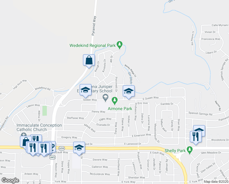 map of restaurants, bars, coffee shops, grocery stores, and more near 3445 Puccinelli Drive in Sparks