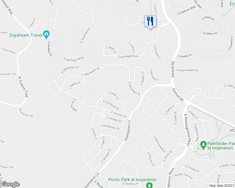 map of restaurants, bars, coffee shops, grocery stores, and more near 22609 East Eads Circle in Parker