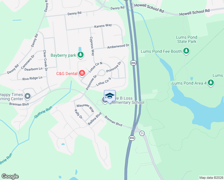 map of restaurants, bars, coffee shops, grocery stores, and more near 45 Forsythia Lane in Bear