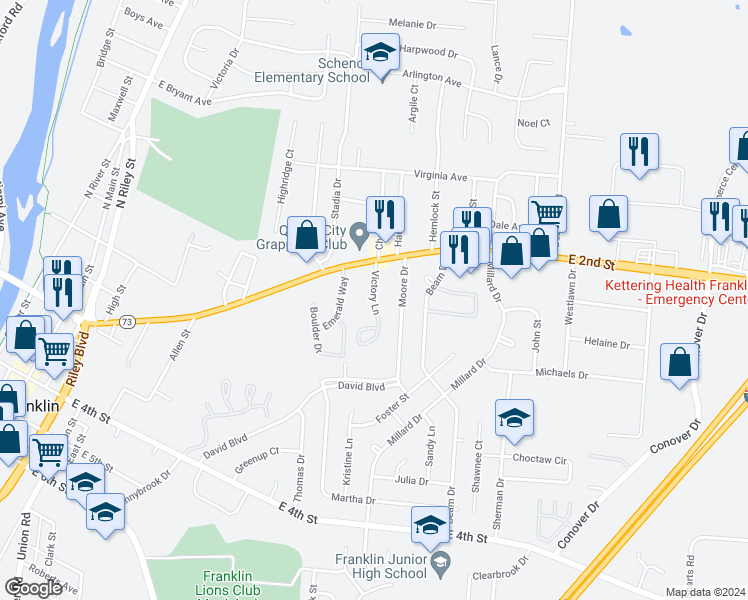 map of restaurants, bars, coffee shops, grocery stores, and more near 217 Victory Lane in Franklin