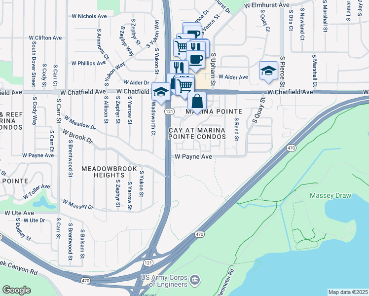 map of restaurants, bars, coffee shops, grocery stores, and more near 8473 South Upham Way in Littleton