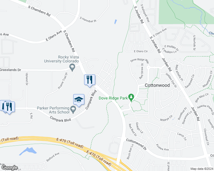 map of restaurants, bars, coffee shops, grocery stores, and more near 15470 Canyon Rim Drive in Englewood