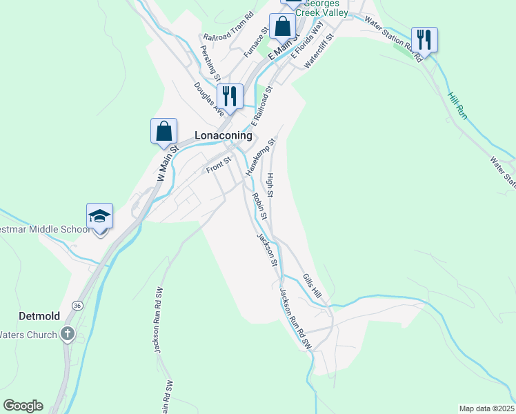 map of restaurants, bars, coffee shops, grocery stores, and more near 12 Robin Street in Lonaconing