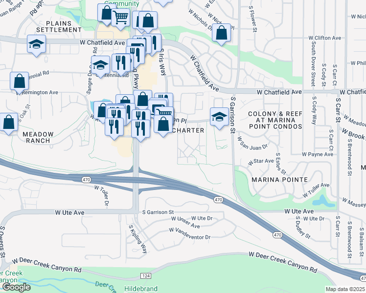 map of restaurants, bars, coffee shops, grocery stores, and more near 8497 South Hoyt Way in Littleton