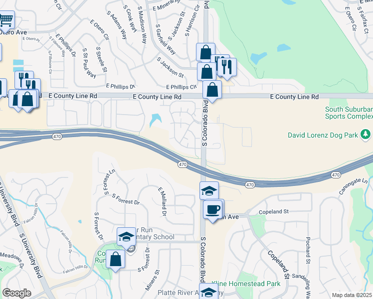 map of restaurants, bars, coffee shops, grocery stores, and more near 8485 Pebble Creek Way in Littleton