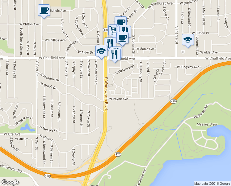 map of restaurants, bars, coffee shops, grocery stores, and more near 8473 South Upham Way in Littleton