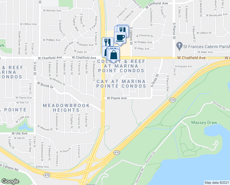 map of restaurants, bars, coffee shops, grocery stores, and more near 8473 South Upham Way in Littleton