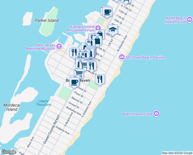 map of restaurants, bars, coffee shops, grocery stores, and more near 122 Centre Street in Beach Haven