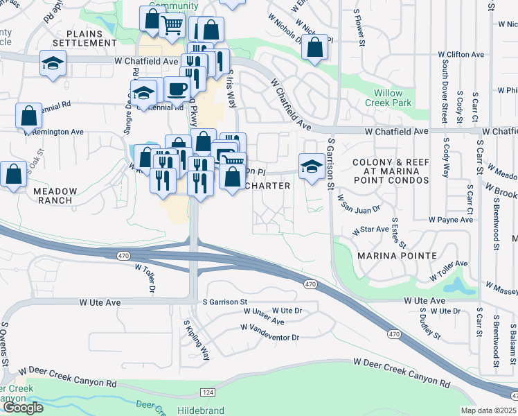 map of restaurants, bars, coffee shops, grocery stores, and more near 8497 South Hoyt Way in Littleton