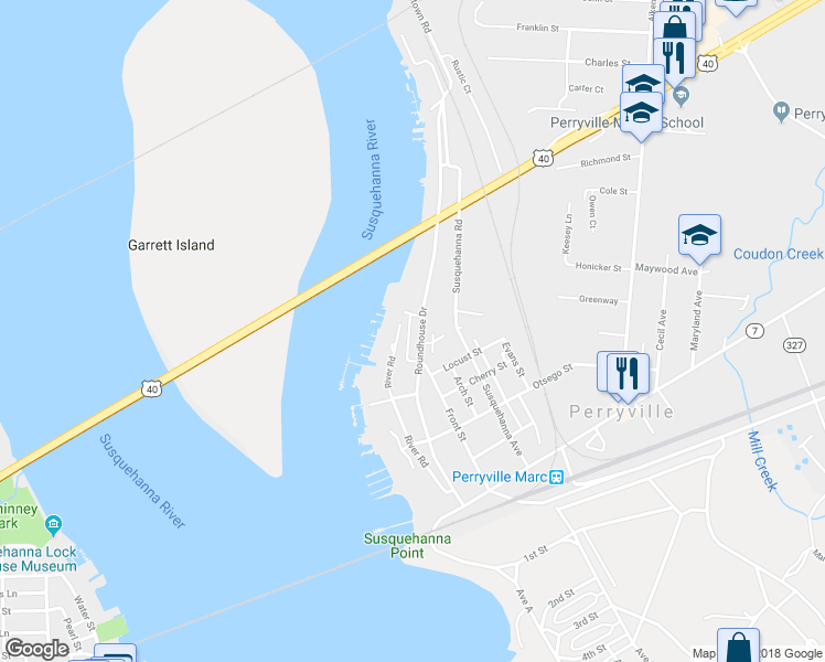 map of restaurants, bars, coffee shops, grocery stores, and more near 319 Roundhouse Drive in Perryville