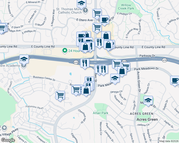 map of restaurants, bars, coffee shops, grocery stores, and more near 8545 South Quebec Street in Highlands Ranch