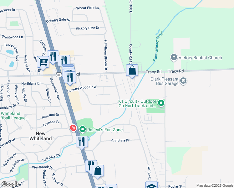 map of restaurants, bars, coffee shops, grocery stores, and more near 98 Meadow Creek East Boulevard in Whiteland