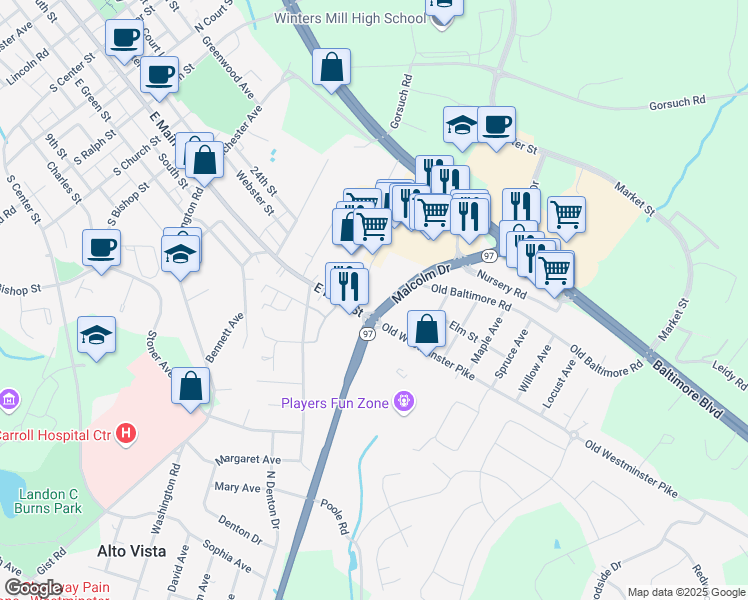 map of restaurants, bars, coffee shops, grocery stores, and more near in Carroll County