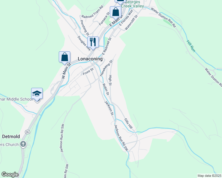 map of restaurants, bars, coffee shops, grocery stores, and more near 12 Robin Street in Lonaconing