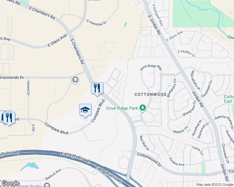 map of restaurants, bars, coffee shops, grocery stores, and more near 15470 Canyon Rim Drive in Englewood