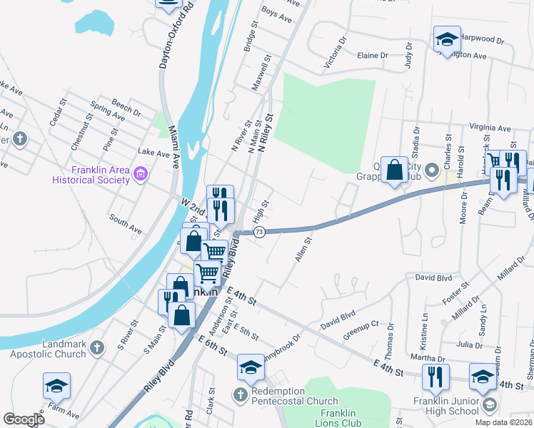 map of restaurants, bars, coffee shops, grocery stores, and more near 22 High Street in Franklin