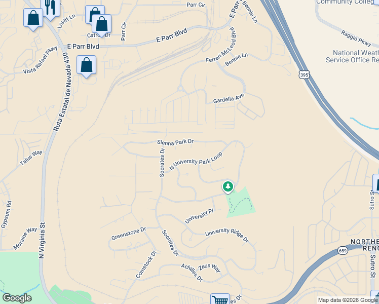 map of restaurants, bars, coffee shops, grocery stores, and more near 3655 Sienna Pointe Court in Reno