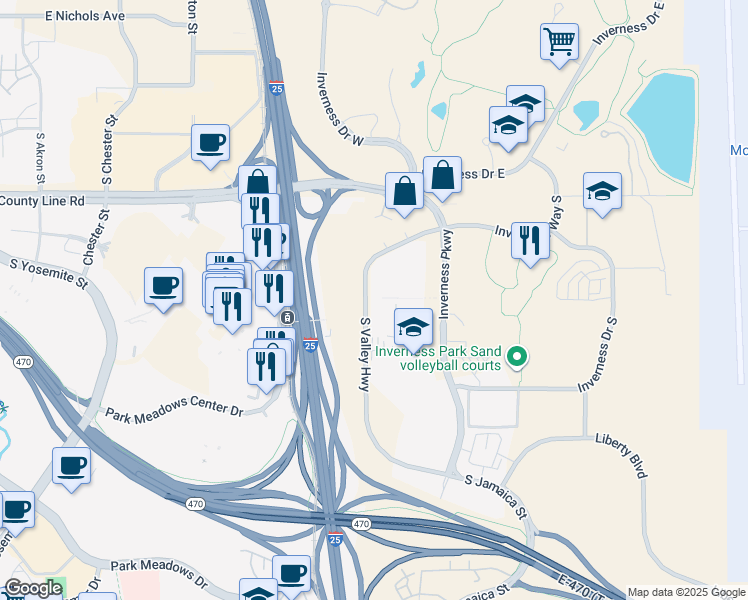 map of restaurants, bars, coffee shops, grocery stores, and more near 8333 South Valley Highway in Englewood