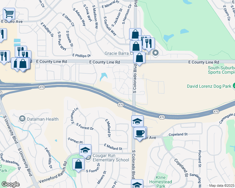 map of restaurants, bars, coffee shops, grocery stores, and more near 8455 Pebble Creek Way in Littleton
