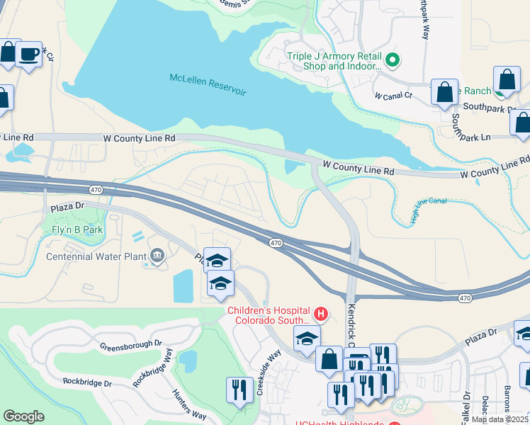 map of restaurants, bars, coffee shops, grocery stores, and more near 2033 Primo Road in Highlands Ranch