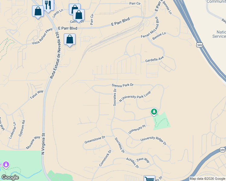 map of restaurants, bars, coffee shops, grocery stores, and more near 795 Sienna Station Way in Reno