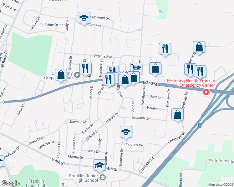 map of restaurants, bars, coffee shops, grocery stores, and more near 67 Millard Drive in Franklin