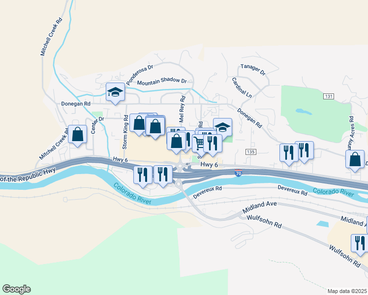 map of restaurants, bars, coffee shops, grocery stores, and more near 72 Mel Rey Road in Glenwood Springs
