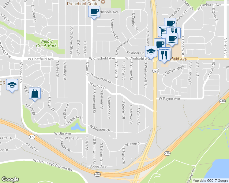 map of restaurants, bars, coffee shops, grocery stores, and more near 8047 West Brook Drive in Littleton