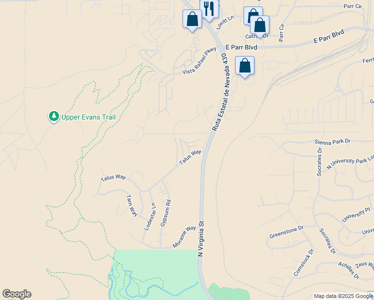 map of restaurants, bars, coffee shops, grocery stores, and more near 3875 Covington Way in Reno