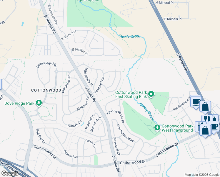 map of restaurants, bars, coffee shops, grocery stores, and more near 8512 Wheatgrass Circle in Parker