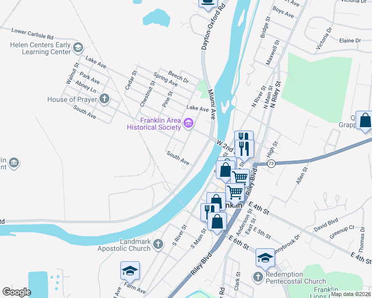 map of restaurants, bars, coffee shops, grocery stores, and more near 312 Elm Street in Franklin