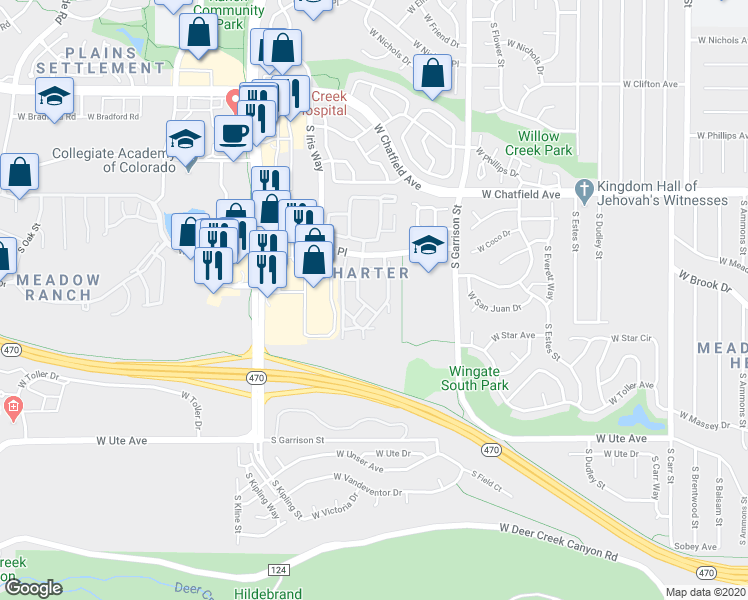 map of restaurants, bars, coffee shops, grocery stores, and more near 8496 South Hoyt Way in Littleton