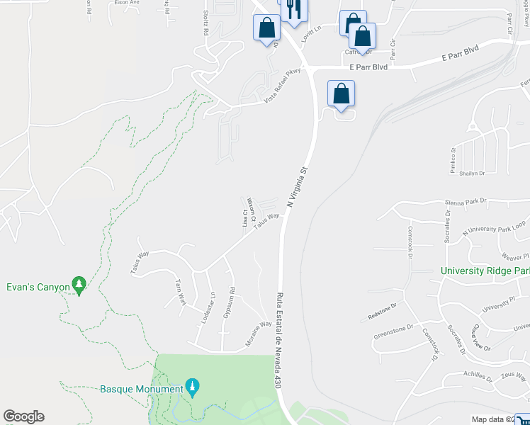 map of restaurants, bars, coffee shops, grocery stores, and more near 3875 Covington Way in Reno