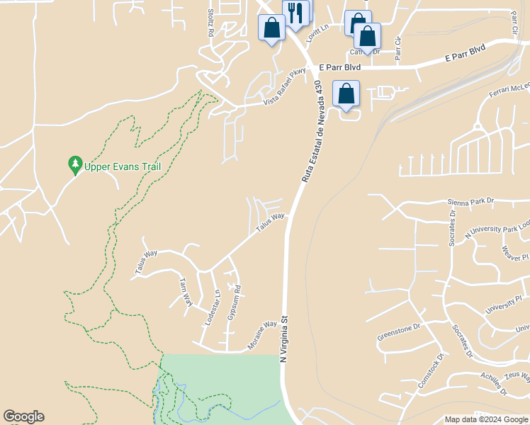 map of restaurants, bars, coffee shops, grocery stores, and more near 3875 Covington Way in Reno