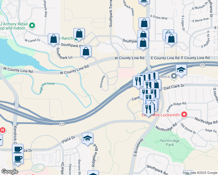 map of restaurants, bars, coffee shops, grocery stores, and more near 132 Driveway in Highlands Ranch