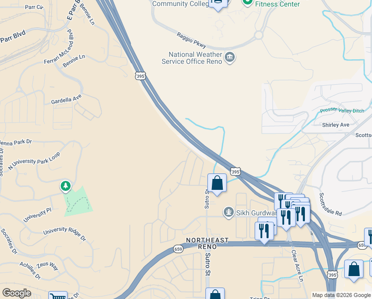 map of restaurants, bars, coffee shops, grocery stores, and more near 115-121 Cabernet Parkway in Reno