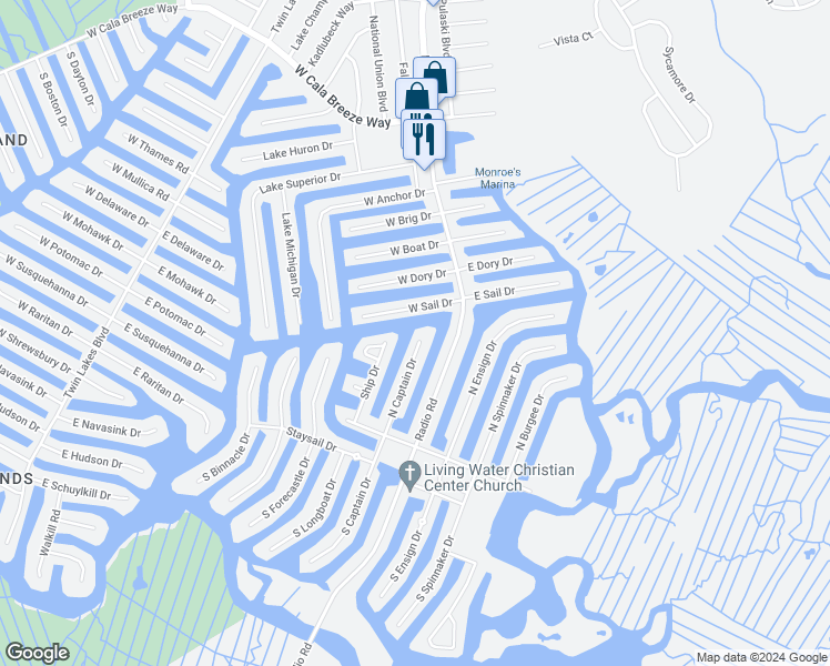map of restaurants, bars, coffee shops, grocery stores, and more near 42 North Captain Drive in Ocean County