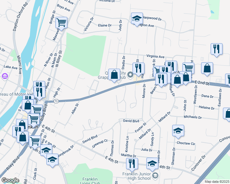 map of restaurants, bars, coffee shops, grocery stores, and more near 602 East 2nd Street in Franklin
