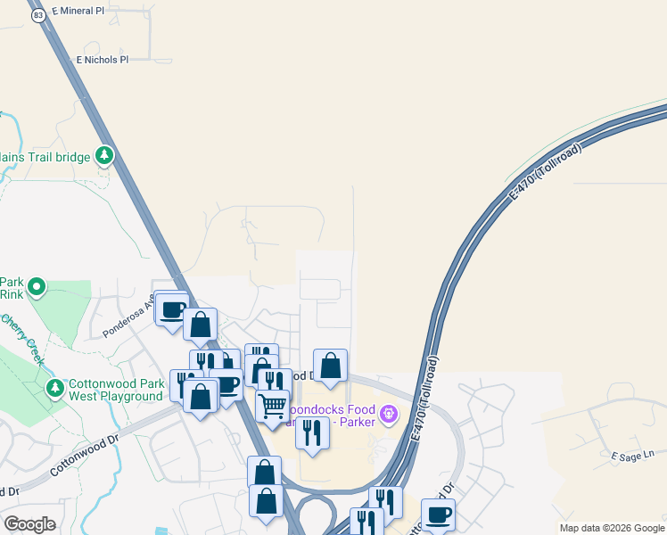 map of restaurants, bars, coffee shops, grocery stores, and more near 5923 East Valley Hi Drive in Parker