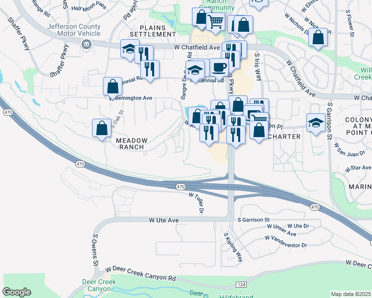 map of restaurants, bars, coffee shops, grocery stores, and more near 8582 South Lewis Way in Littleton