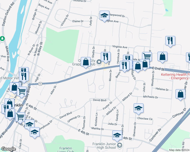 map of restaurants, bars, coffee shops, grocery stores, and more near 1 Emerald Way in Franklin