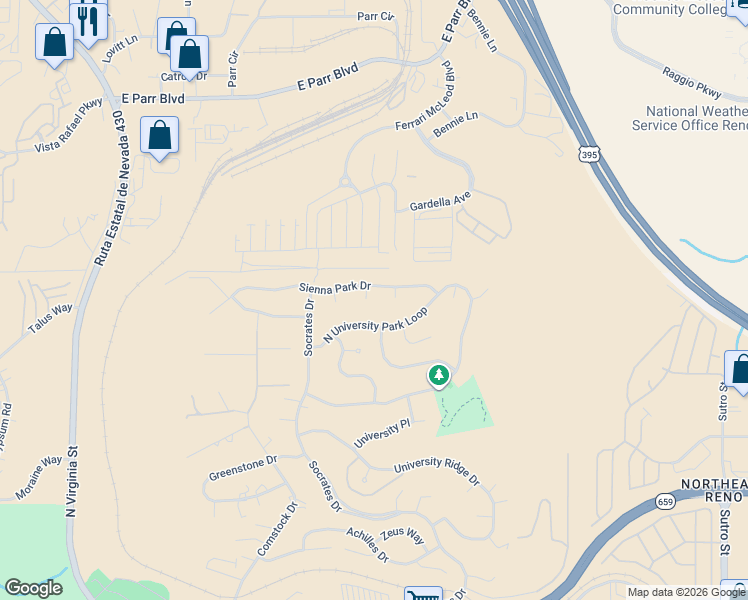 map of restaurants, bars, coffee shops, grocery stores, and more near 3655 Sienna Pointe Court in Reno
