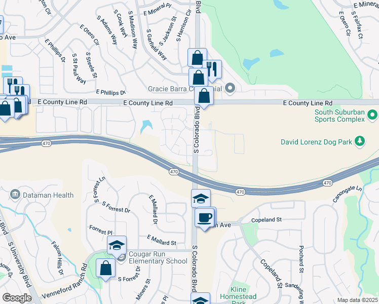 map of restaurants, bars, coffee shops, grocery stores, and more near 8485 Pebble Creek Way in Littleton