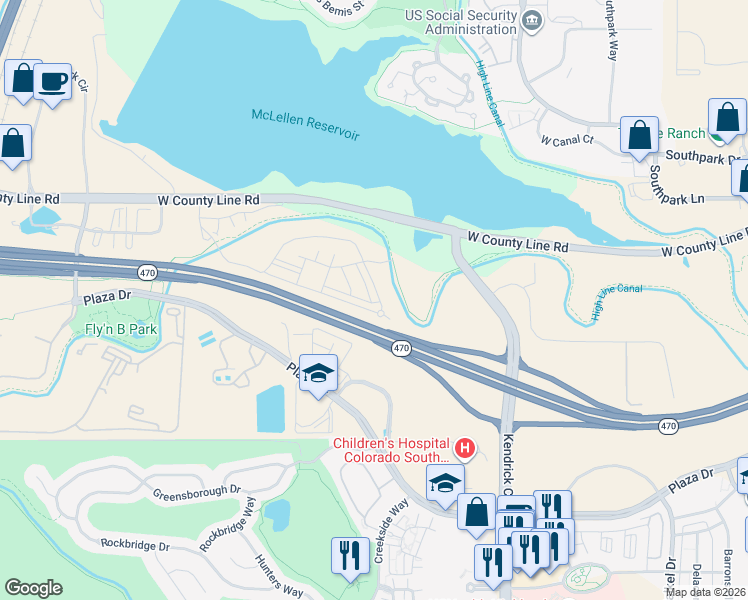 map of restaurants, bars, coffee shops, grocery stores, and more near 2033 Primo Road in Highlands Ranch