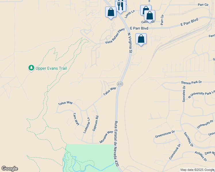 map of restaurants, bars, coffee shops, grocery stores, and more near 3875 Covington Way in Reno