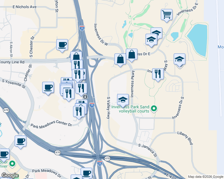 map of restaurants, bars, coffee shops, grocery stores, and more near 8331 South Valley Highway in Englewood